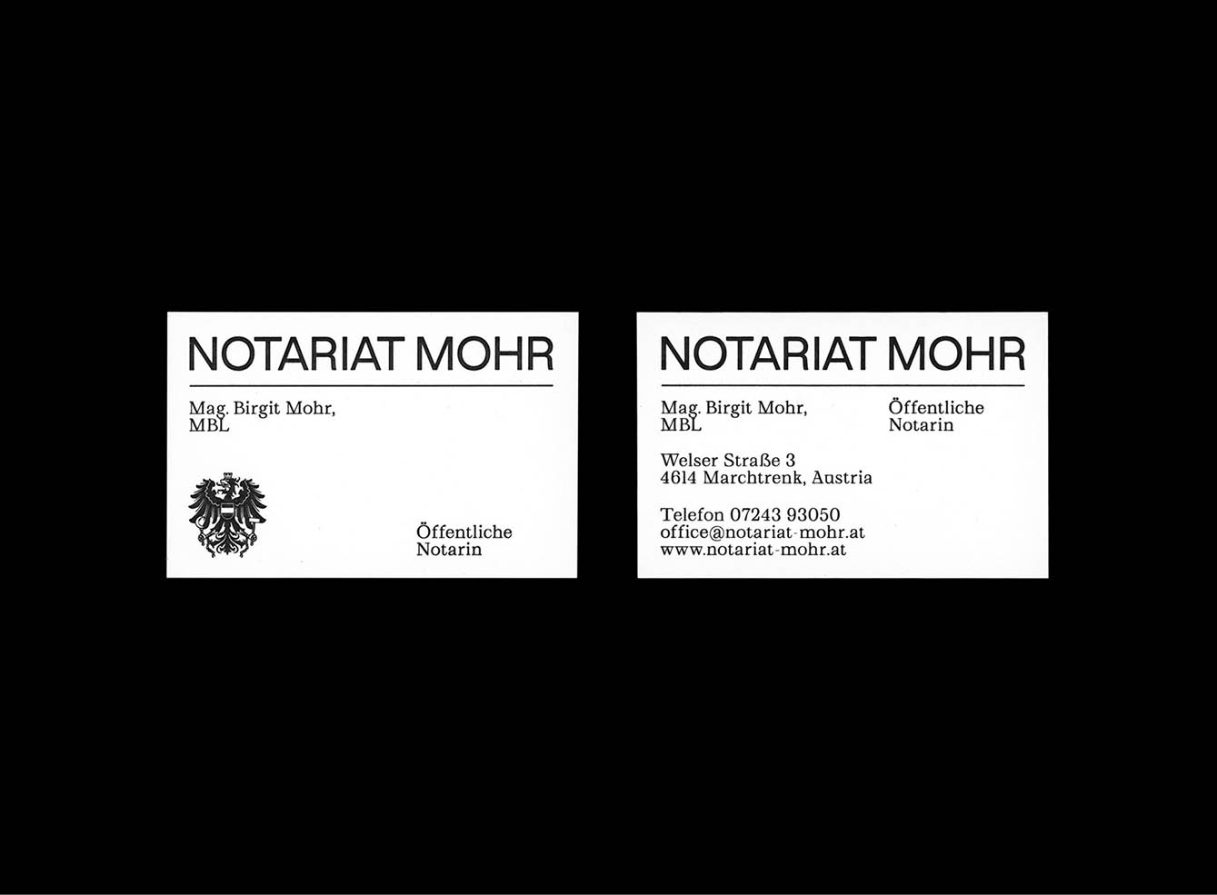 Ansicht der Vorder- und Rückseite der Visitenkarte des Notariats Mohr von Zunder.